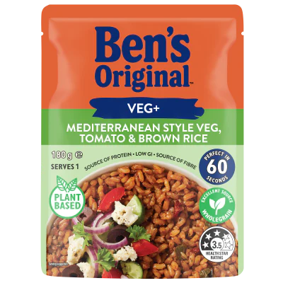 Ben's Original Veg+ Mediterranean Style Veg Tomato & Brown Rice Microwave Pouch 180g