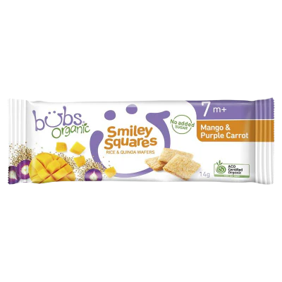 Bubs Organic Mango & Purple Carrot Smiley Squares Rice & Quinoa Wafers 7+ Months 14g