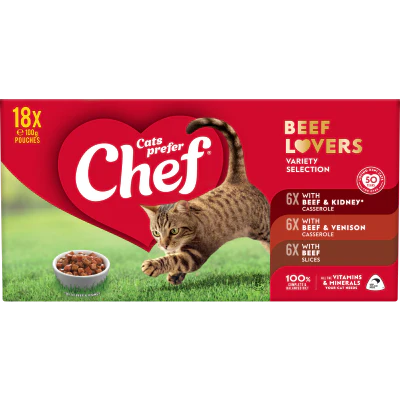 Chef Beef Lovers Variety Selection Pouches Cat Food 18 x 100g