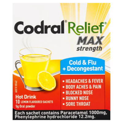 Codral Relief Cold & Flu + Decongestant Lemon Sachets 10pk