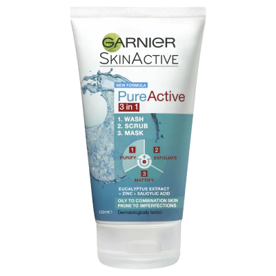 Garnier Pure Active 3 In 1 Wash + Scrub + Mask 150ml