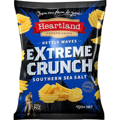 Heartland Extreme Crunch Southern Sea Salt Kettle Waves Potato Chips 150g