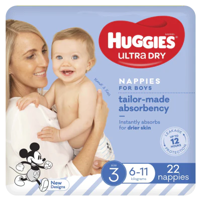 Huggies Ultra Dry Nappies Boys  Size 3 6-11kg 22pk