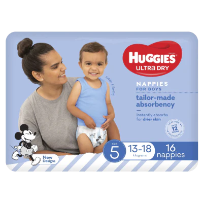 Huggies Ultra Dry Nappies Boys Size 5 13-18kg 16pk