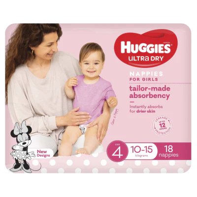 Huggies Ultra Dry Nappies Girls Size 4 10-15kg 18pk