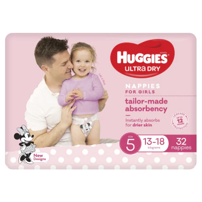 Huggies Ultra Dry Nappies Girls Size 5 13-18kg 32pk