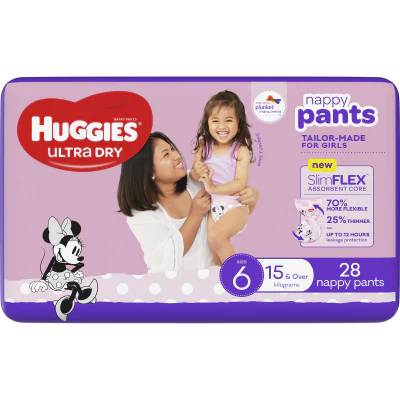 Huggies Ultra Dry Nappy Pants Girls Size 6 15kg+ 28pk