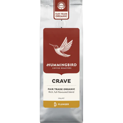 Hummingbird Crave Fair Trade Organic Fresh Plunger Grind Coffee 200g