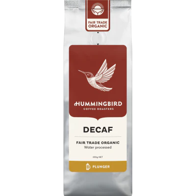 Hummingbird Decaf Fair Trade Organic Fresh Plunger Grind Coffee 200g