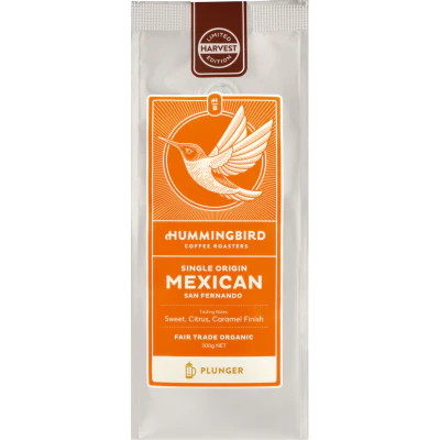 Hummingbird Harvest (Mexican)Fair Trade Organic Fresh Plunger Grind Coffee 200g