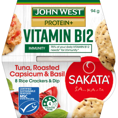 John West Protein + Tuna Roasted Capsicum & Basil Dip With Rice Crackers 94g