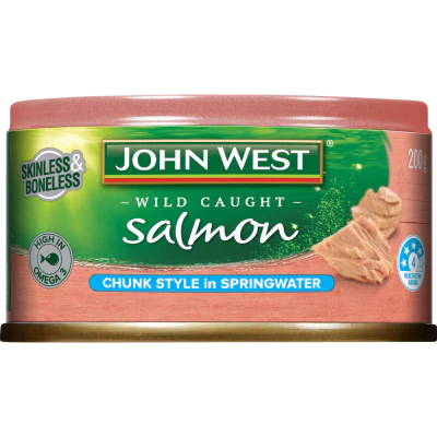 John West Skinless & Boneless Wild Caught Salmon Chunk Style in Springwater 200g