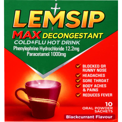 Lemsip Max Decongestant Blackcurrant Cold & Flu Hot Drink Sachets 10pk