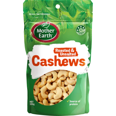 Mother Earth Roasted & Unsalted Cashews 150g