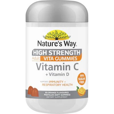 Nature's Way High Strength Vitamin C + Vitamin D Orange Flavoured Adult Vita Gummies 65pk