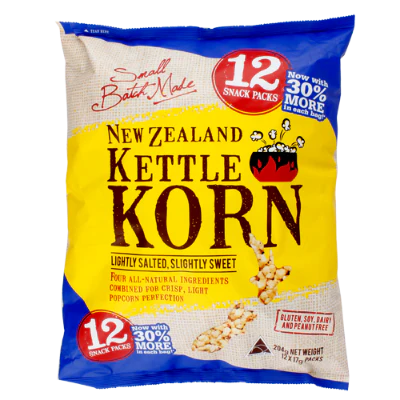 New Zealand Kettle Korn Lightly Salted, Slightly Sweet Pop Corn Snack Packs 12pk