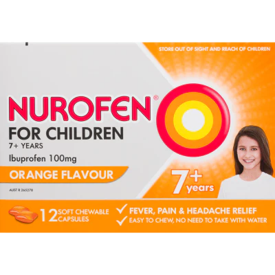 Nurofen For Children Ibuprofen 7+ Years Orange Chewable Capsules 12pk