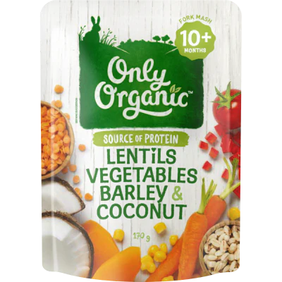 Only Organic Lentils Vegetables Barley & Coconut 10+ Months Fork Mash 170g