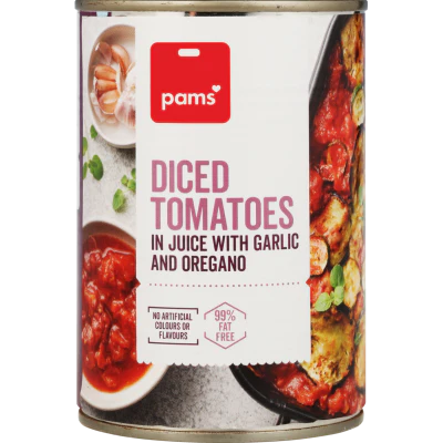 Pams Diced Tomatoes In Juice With Garlic And Oregano 400g