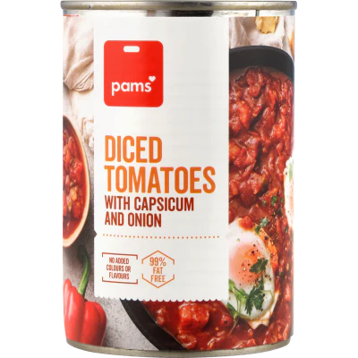 Pams Diced Tomatoes With Capsicum And Onion 400g