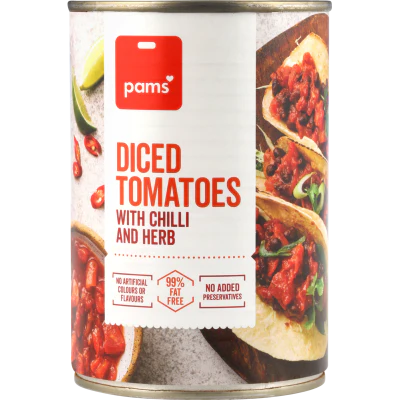 Pams Diced Tomatoes With Chilli And Herb 400g