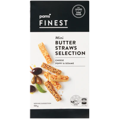 Pams Finest Cheese Poppy & Sesame Mini Butter Straws Selection 100G