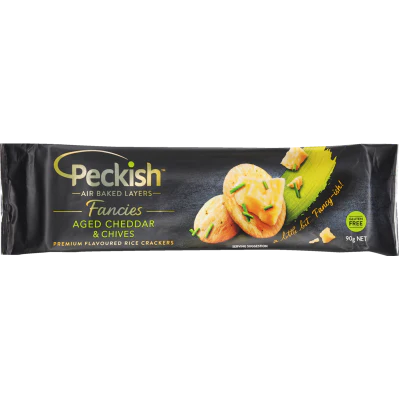 Peckish Fancies Aged Cheddar & Chives Premium Flavoured Rice Crackers 90g