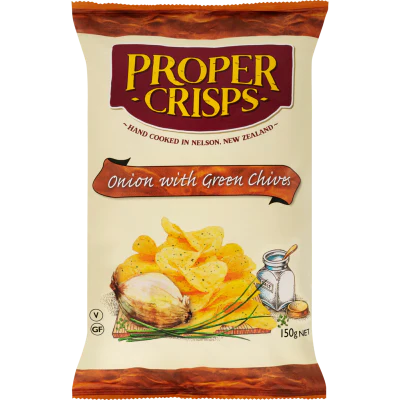 Proper Crisps Onion With Green Chives Hand Cooked Potato Crisps 150g