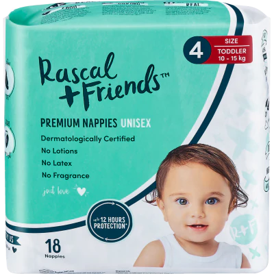 Rascal and Friends Premium Nappies Unisex 10-15kg Toddler 18pk