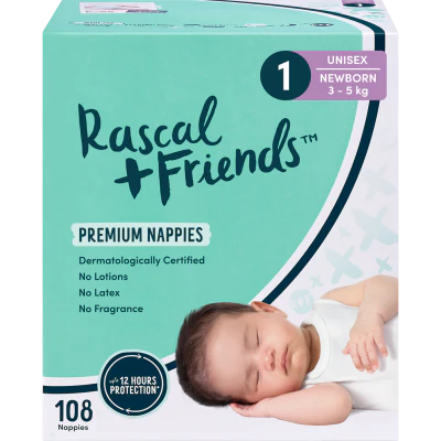 Rascal and Friends Premium Nappies Unisex 3-5kg Newborn 108pk