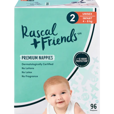 Rascal and Friends Premium Nappies Unisex 4-8kg Infant 96pk