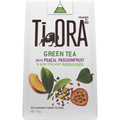 Ti Ora Green Tea With Peach Passionfruit & New Zealand Kawakawa Pyramid Tea Bags 15pk