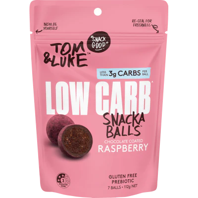 Tom & Luke Chocolate Coated Raspberry Low Carb Snackaballs 112g