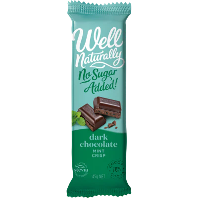 Well Naturally No Sugar Added Mint Crisp Dark Chocolate Bar 45g