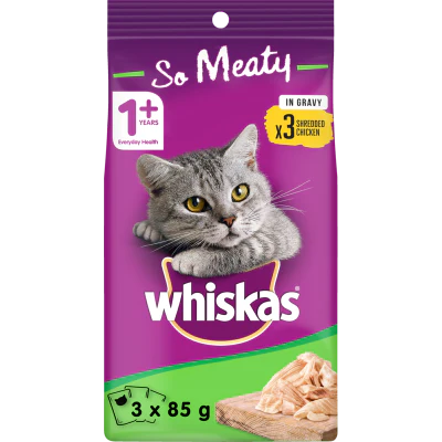 Whiskas So Meaty Shredded Chicken In Gravy Wet Cat Food Pouches 3pk