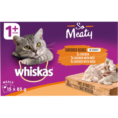 Whiskas So Meaty Shredded Dishes Chicken In Gravy Wet Cat Food Pouches 15 x 85g