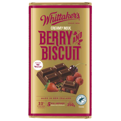 Whittaker's Berry And Biscuit 33% Cocoa Milk Chocolate Block 250g