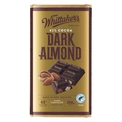 Whittaker's Dark Almond 62% Cocoa Dark Chocolate Block 250g