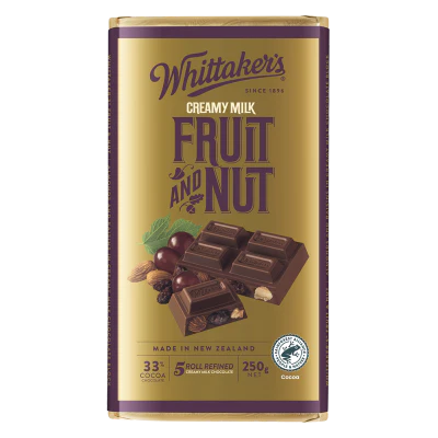 Whittaker's Fruit And Nut 33% Cocoa Milk Chocolate Block 250g